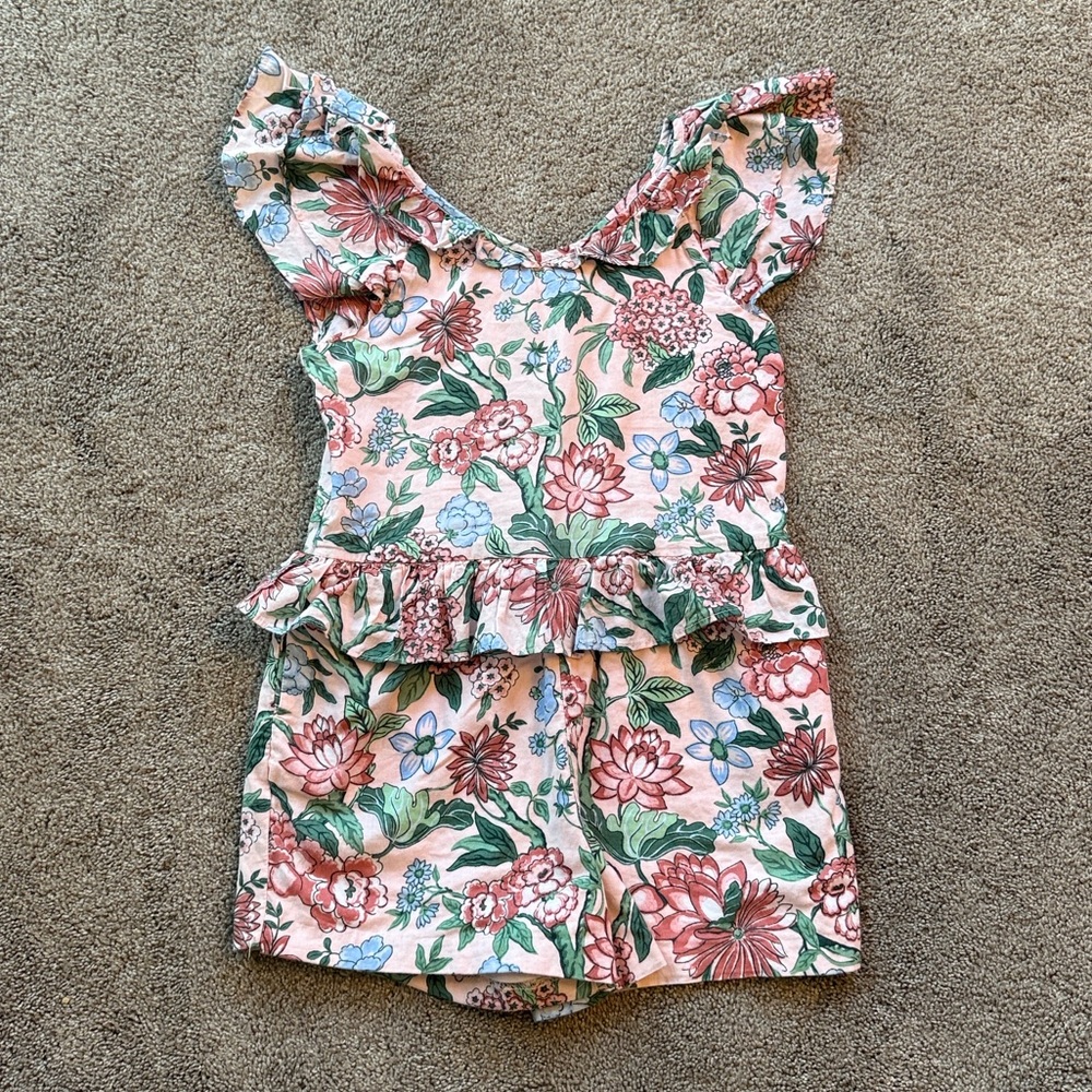 Janie and Jack Floral Ruffle Romper - Pink and Green